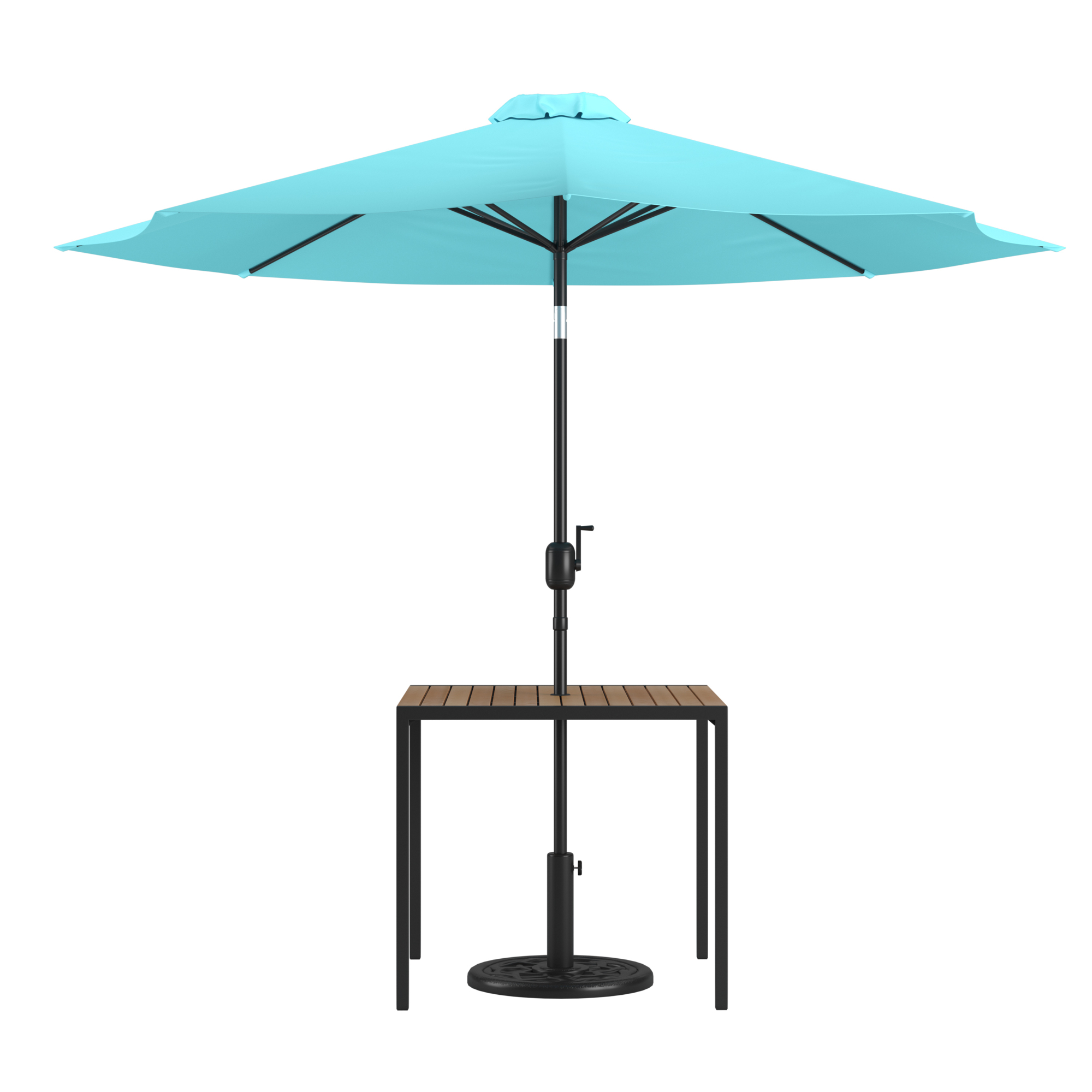 Flash Furniture, Faux Teak 35in. Patio Table-Tan Umbrella Base, Table Shape Square, Primary Color Blue, Height 29.5 in, Model# XU8100UB19BTL